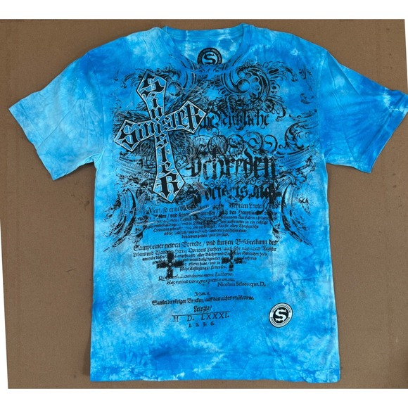 Sinist3r Brand Other - Sinist3r Brand Mens Large Blue Tie Dye Gothic Cross Graphic T-Shirt Cotton